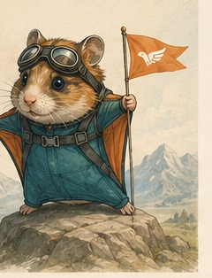 A hamster in a wingsuit standing on a rock holding a flag