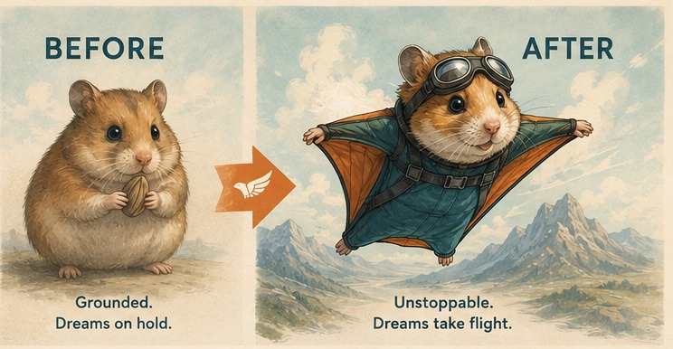 Before and after: a hamster sitting still, then wearing the Tiny Wings suit