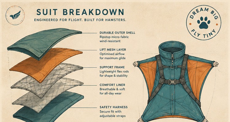 Exploded diagram of the wingsuit layers and the assembled suit