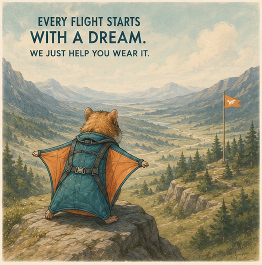 A hamster in a wingsuit standing on a clifftop looking out over a valley