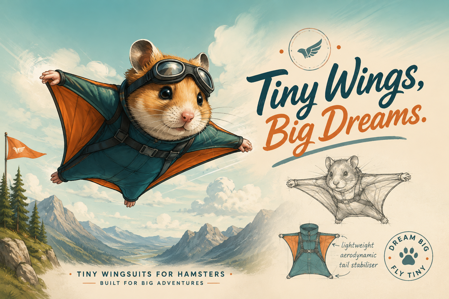 Illustration of a hamster in a teal and orange wingsuit gliding over mountains