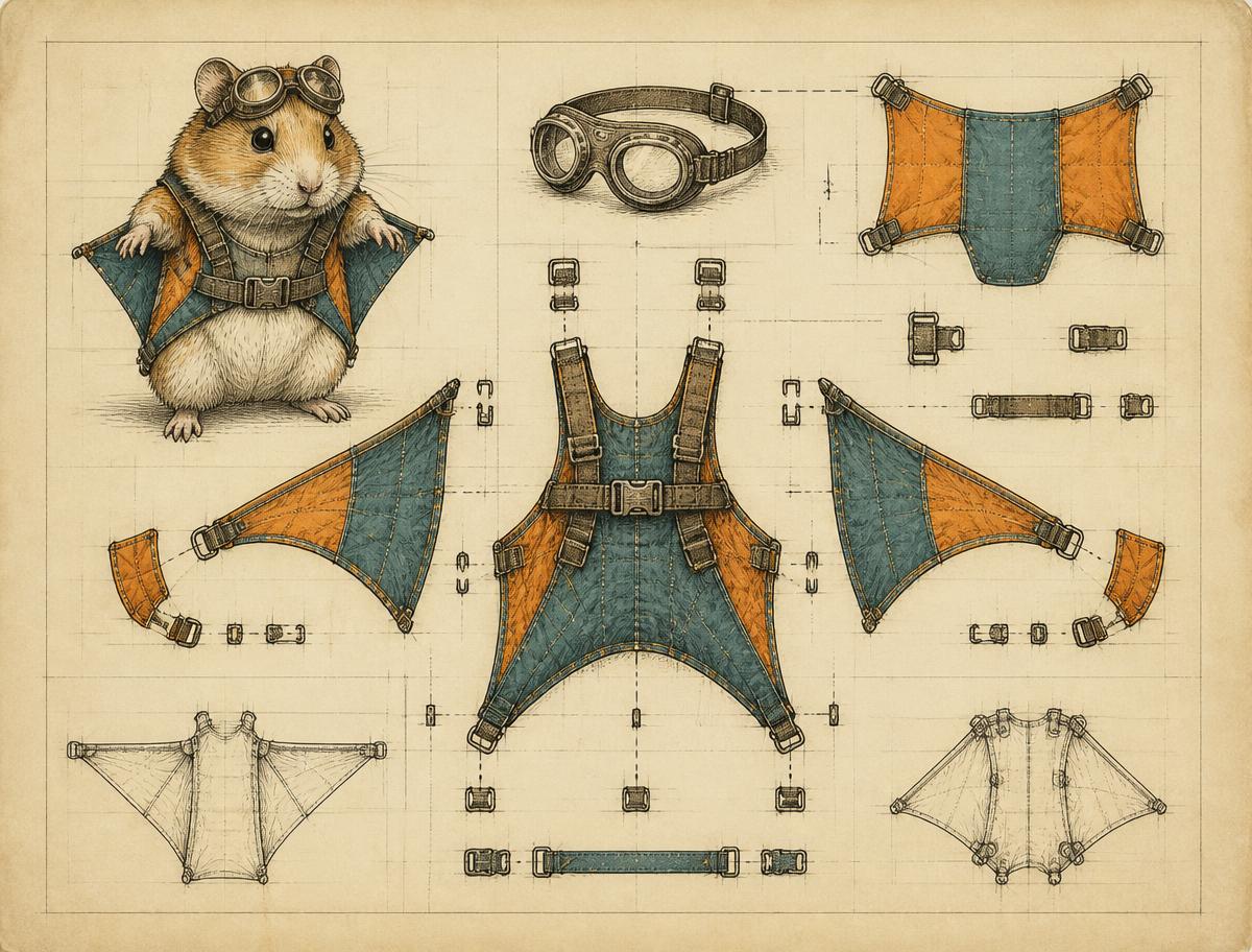Technical blueprint of the wingsuit showing canopy panels, harness and buckles